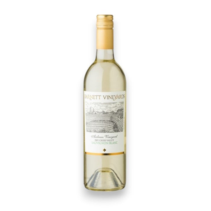 A bottle of BARNETT SAUVIGNON BLANC 2024 by WINE: 3 KEYS stands upright against a white background, featuring a gold cap and a white label adorned with vineyard artwork and text.