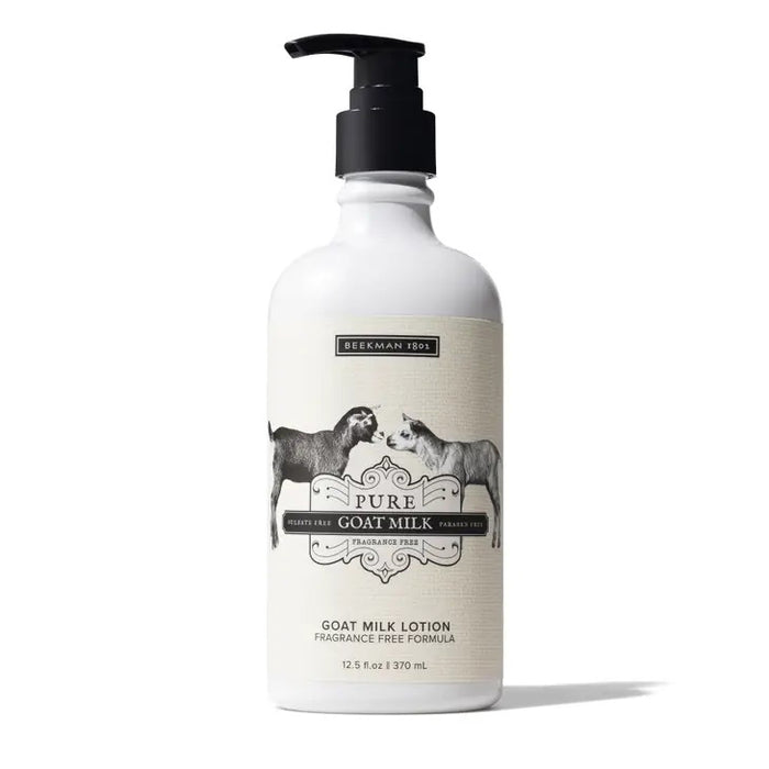 A white bottle of BEEKMAN - PURE GOAT MILK HAND LOTION 12.5OZ by BEEKMAN - STA ELEMENTS has a black pump, goat illustration, and product details. It hydrates with botanical extracts for long-lasting moisture.
