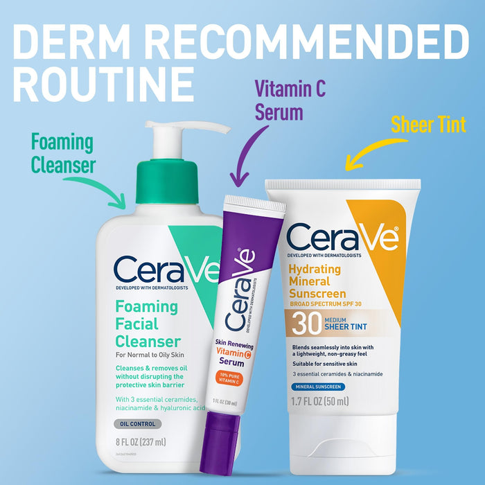 CeraVe Hydrating Mineral Sunscreen Medium Sheer Tint SPF 30 Lotion, Unscented, 1.7 fl oz