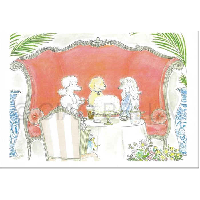The CIAO BELLA - CAFE VENDOME CARD by CIAO BELLA features three stylish poodles enjoying drinks and cake on a vintage pink sofa amid plants and flowers, with one holding a blank note card in this whimsical scene.