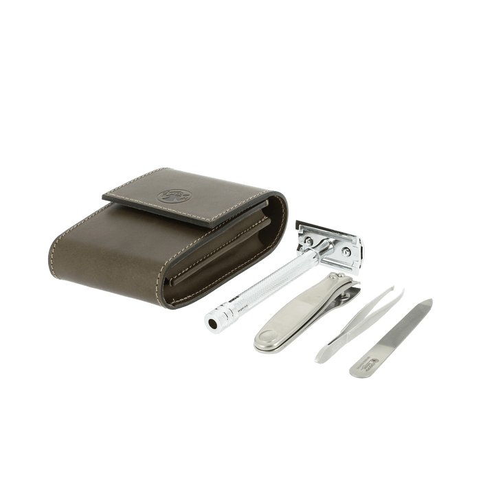 Dovo Double Edge Razor & Grooming Set Brown Leather Pouch 574056