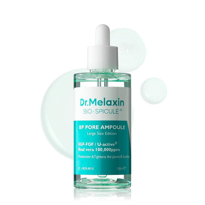A clear dropper bottle labeled "DR MELAXIN - BP PORE AMPOULE" by KOSMIC KBEAUTY SKINCARE, featuring blue and white text and 100ml of product, highlights advanced Korean skincare with bio-spicule technology.