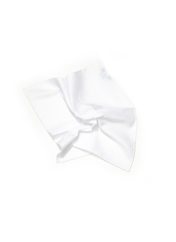 The EDWARD ARMAH - CLASSIC WHITE HAND ROLLED POCKET SQUARE, made from fine cotton with hand-rolled edges, is displayed on a plain white background, gently wrinkled for a natural and elegant look.