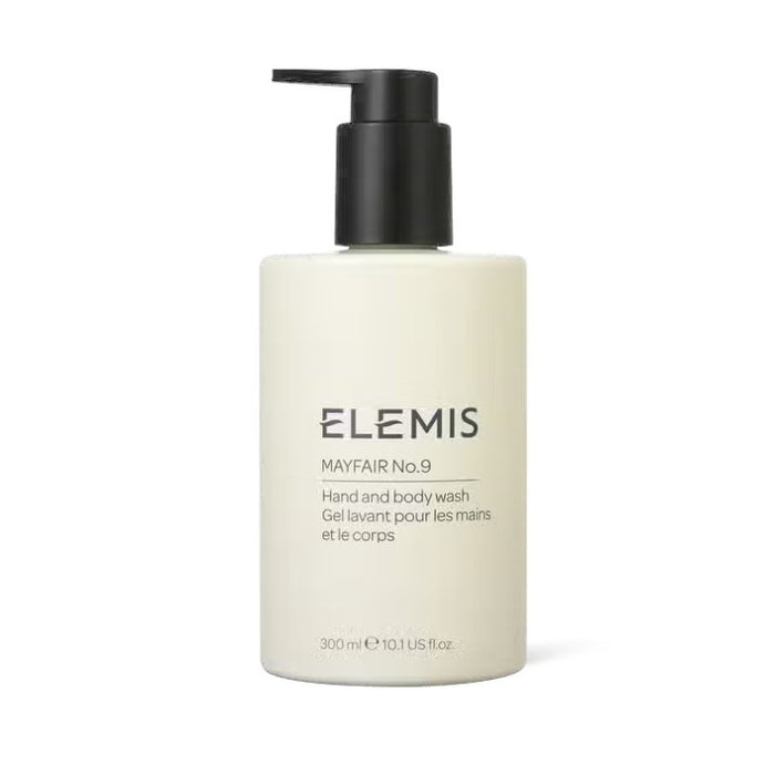 A white pump bottle of ELEMIS - STEINER Mayfair No. 9 Hand and Body Wash with black text and dispenser; the recyclable 300 ml (10.1 US fl. oz.) bottle contains biodegradable wash.