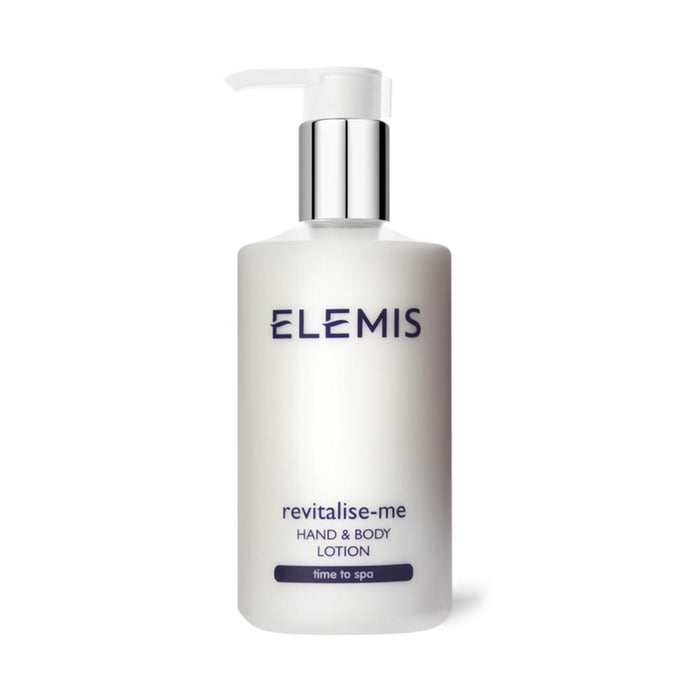 A white pump bottle of ELEMIS - STEINER ELEMIS - REVITALISE ME HAND & BODY LOTION with dark blue text and a silver pump stands upright on a white background.