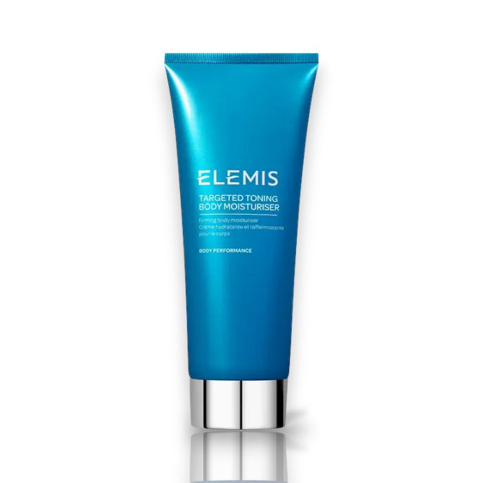 A blue tube of ELEMIS - TARGETED TONING BODY MOISTURIZER by ELEMIS - STEINER, a firming body cream with a silver cap, stands upright on a white background.