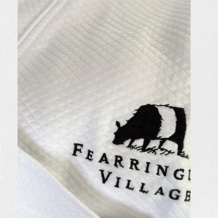 The BOCA FEARRINGTON SIGNATURE COLLECTION - FEARRINGTON VILLAGE ROBE is a folded white waffle-knit kimono collar bathrobe featuring a black bear logo and "Fearrington Village" embroidered on the chest, displayed on a light textured surface.