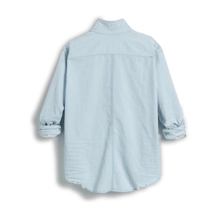 The FRANK & EILEEN LUKE Men's Button Up Shirt in Famous Denim Classic Denim Tattered Wash is shown from the back, with long sleeves, buttoned cuffs, a curved hem, and an oversized relaxed fit for a casual look.