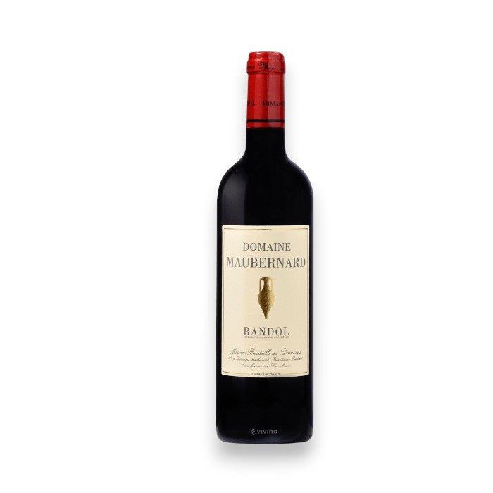 A bottle of MAUBERNARD BANDOL 2018 by WINE: EMPIRE DISTRIBUTING, with a red capsule and cream label, shown on a white background—ideal for those seeking dark fruit and blackcurrant notes.