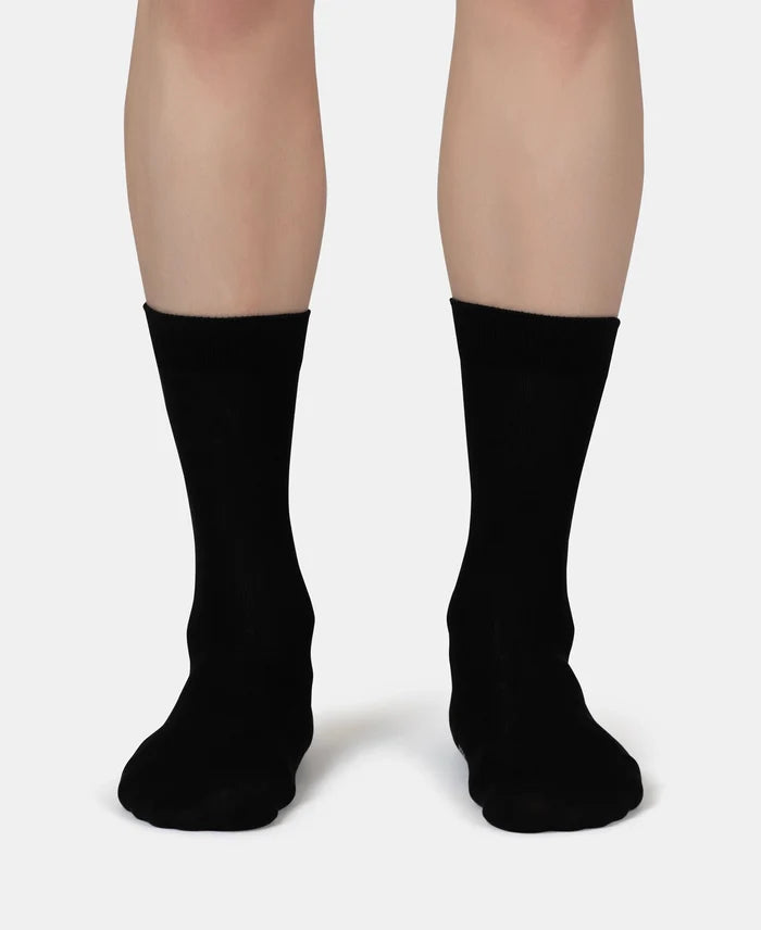 Mercerized Cotton Elastane Stretch Crew Length Socks with StayFresh Treatment - Black (Pack of 2)