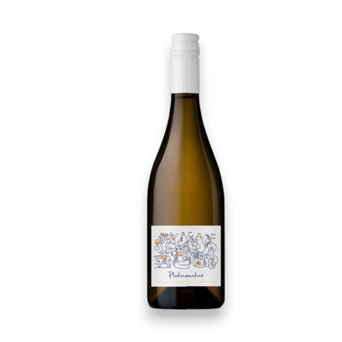 A bottle of OLLIVER COTTENCEAU 'PHENOMENE' NON ALCOHOLIC from WINE: BORDEAUX FINE & RARE/A-VIN-GARDE has a white label with minimalist flower and fruit illustrations, resembling Melon de Bourgogne from the Loire Valley. It features a white screw cap and is set against a plain white background.