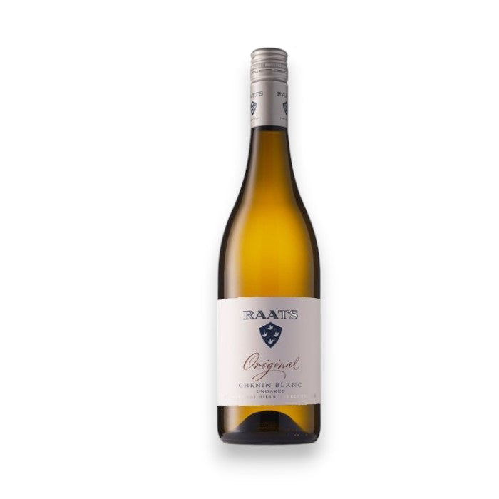 A bottle of RAATS ORIGINAL CHENIN BLANC 2024 by WINEBOW from Stellenbosch, featuring a white label and silver cap, stands upright against a white background. This elegant South African wine is celebrated for its vibrant character and outstanding quality.