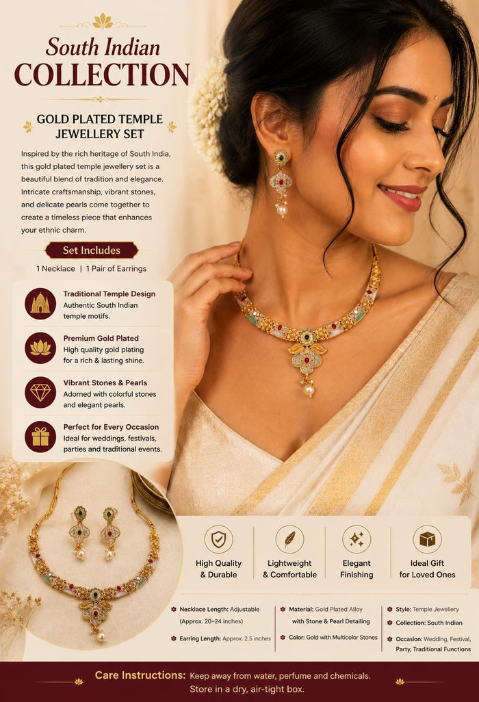 South Indian Meenakari Traditional Gold Finish Necklace Set with Earrings