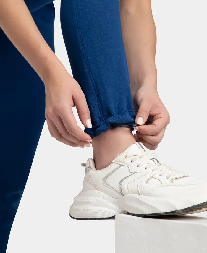 Super Combed Cotton Rich Fleece Fabric Straight Fit Trackpants with Zipper Pockets - Navy Peony