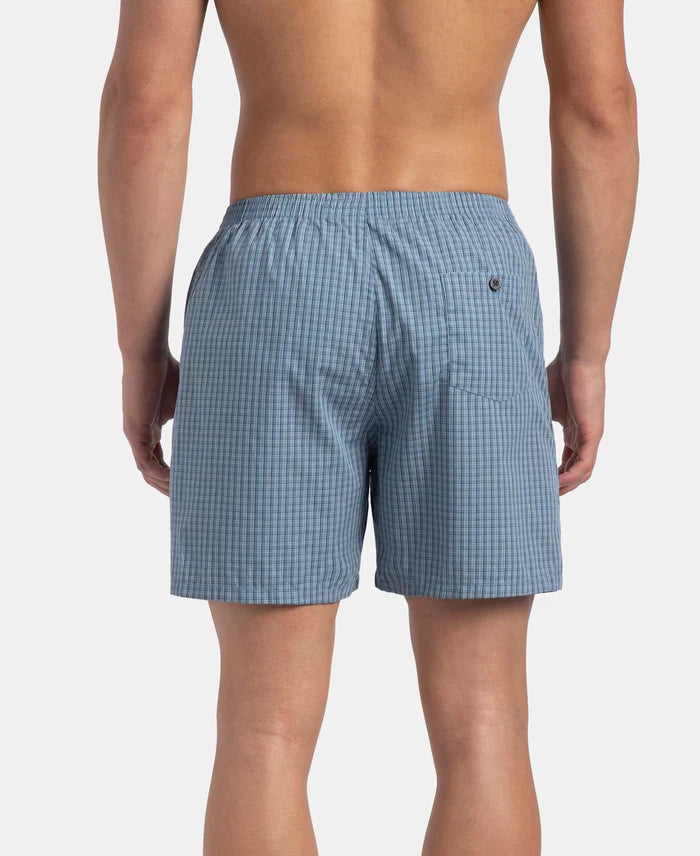 Super Combed Mercerized Cotton Woven Checkered Boxer Shorts with Side Pocket - Navy & Blue Shadow New (Pack of 2)