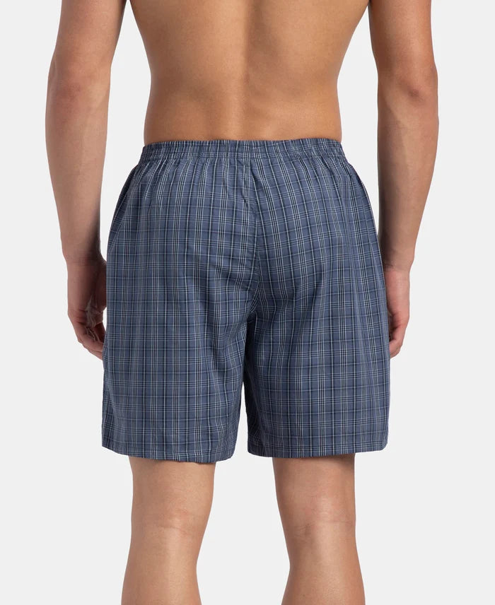 Super Combed Mercerized Cotton Woven Checkered Boxer Shorts with Side Pocket - Vintage Indigo & Black (Pack of 2)