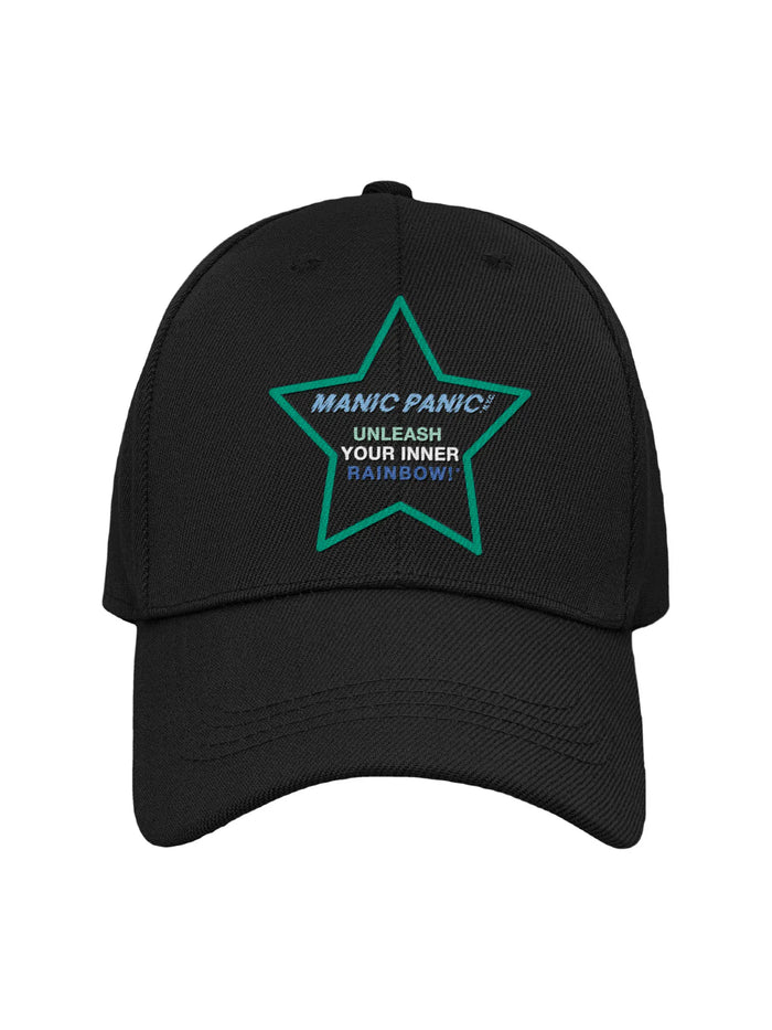 Black Manic Panic Pride hat featuring a green embroidered star with the text “Unleash Your Inner Rainbow.”