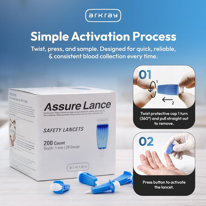 Arkray Assure Safety Lancets, 28 Gauge, 1 mm Depth - 980128-Box - LL Medico