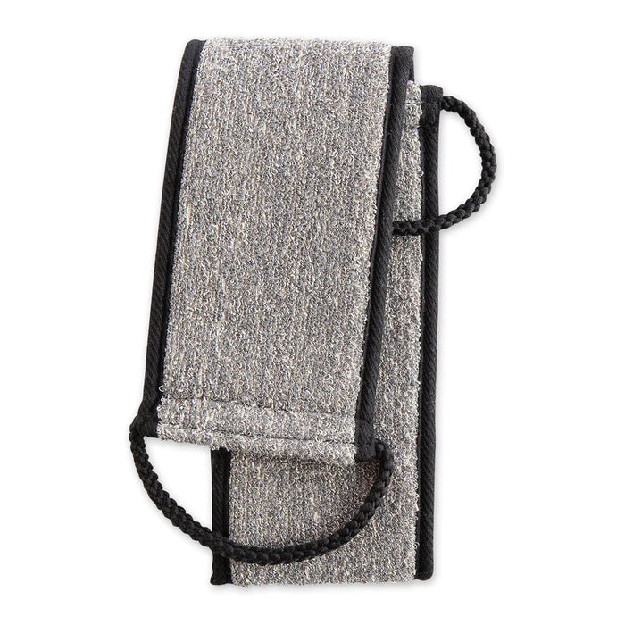 The BAMBOO CHARCOAL BACK SCRUBBER by EUROPEAN SOAPS, LLC is a gray rectangular sheath with black trim and two rope loops, designed to securely hold exfoliating tools for removing dead skin cells or unclogging pores.