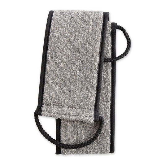 The BAMBOO CHARCOAL BACK SCRUBBER by EUROPEAN SOAPS, LLC is a gray rectangular sheath with black trim and two rope loops, designed to securely hold exfoliating tools for removing dead skin cells or unclogging pores.