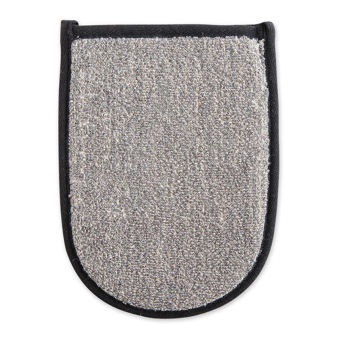 The EUROPEAN SOAPS, LLC BAMBOO CHARCOAL BATH MITT is a gray, textured mitt with rounded corners and a black border, ideal for cleaning or exfoliating as part of your skincare routine.