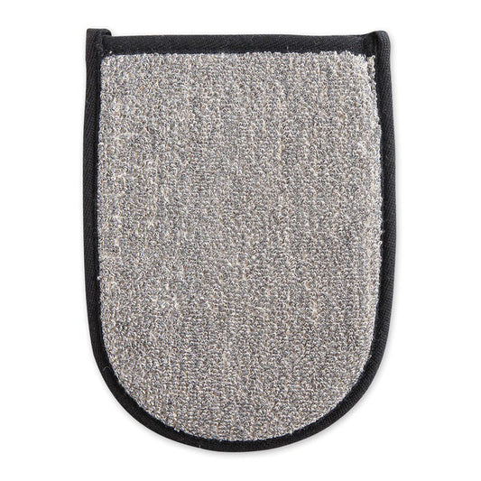 The EUROPEAN SOAPS, LLC BAMBOO CHARCOAL BATH MITT is a gray, textured mitt with rounded corners and a black border, ideal for cleaning or exfoliating as part of your skincare routine.
