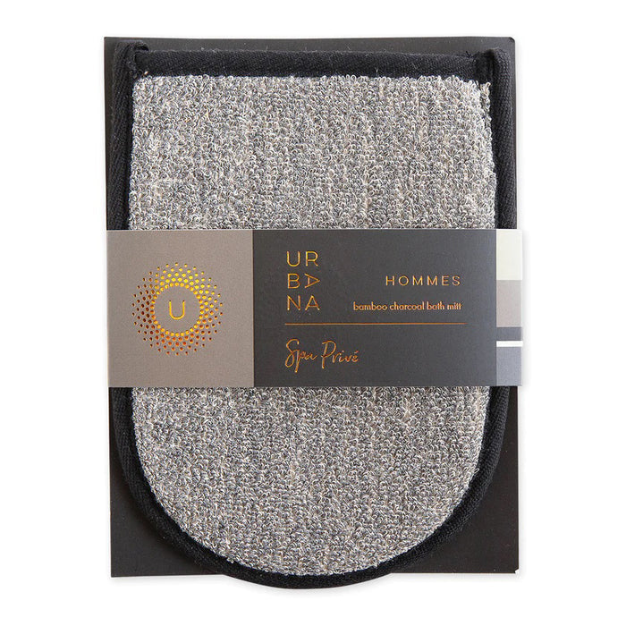 The EUROPEAN SOAPS, LLC BAMBOO CHARCOAL BATH MITT is a gray, textured mitt with rounded corners and a black border, ideal for cleaning or exfoliating as part of your skincare routine.