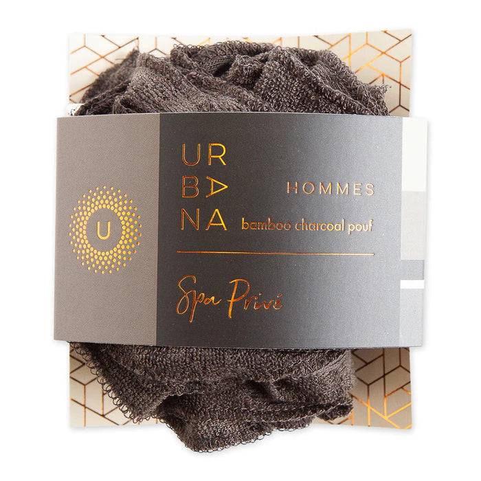 The BAMBOO POUF by EUROPEAN SOAPS, LLC is a black bamboo charcoal shower loofah in dark packaging with gold accents, adding an eco-friendly touch to your bath routine.