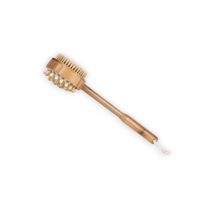 The BAUDELAIRE - BAMBOO 14" MASSAGE BRUSH by BAUDELAIRE is displayed against a plain white background. It features a long handle and soft bristles, with a white rope loop attached to the end of the handle for convenient hanging. The round brush head is specifically designed for natural exfoliation and promoting healthy circulation during body scrubbing.