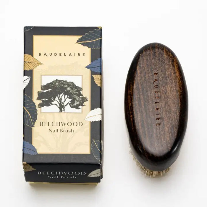 A BAUDELAIRE - BEECHWOOD 4" NAIL BRUSH with natural boar bristles and "Baudelaire" engraving is placed beside its decorative box marked "Beechwood Nail Brush," adorned with a tree and leaf design.