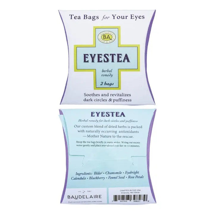 A 2-pack of BAUDELAIRE Eyes Tea Bags by BAUDELAIRE, formulated with elder, chamomile, fennel, calendula, blackberry, and rose petals to help soothe and revitalize the eye area by reducing dark circles and puffiness.