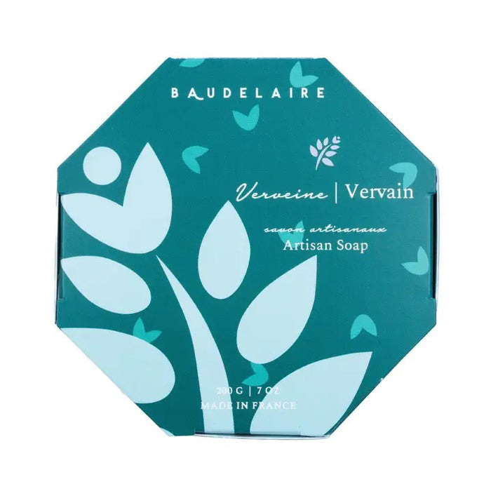 BAUDELAIRE VERVAIN 7oz Boxed Bath Bar in an octagonal green box with pale blue leaf and flower designs, labeled 200g and made in France.