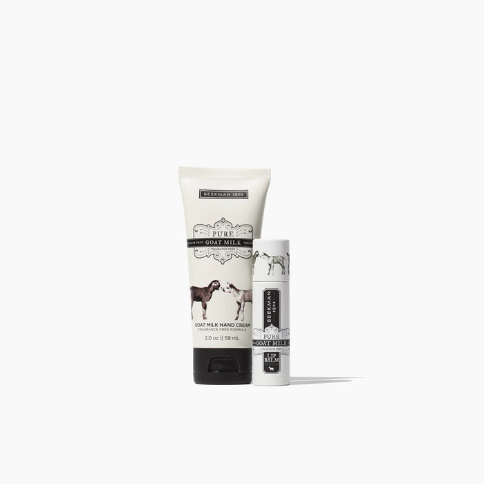 The BEEKMAN - PURE GOAT MILK HAND AND LIP BALM SET by BEEKMAN - STA ELEMENTS comes in a festive white and yellow box with a window, hanging loop, and "Sweet to be Kind" on the front.