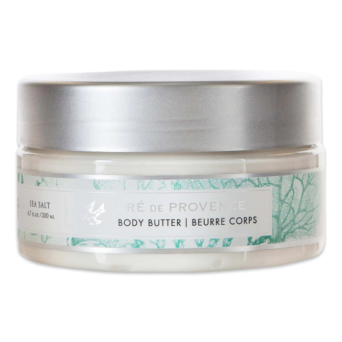 A 200 ml jar of EUROPEAN SOAPS, LLC BODY BUTTER - SEA SALT with a silver lid and a light green and white sea-inspired label; this French artisan moisturizer features a fresh sea salt scent.