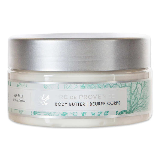 A 200 ml jar of EUROPEAN SOAPS, LLC BODY BUTTER - SEA SALT with a silver lid and a light green and white sea-inspired label; this French artisan moisturizer features a fresh sea salt scent.