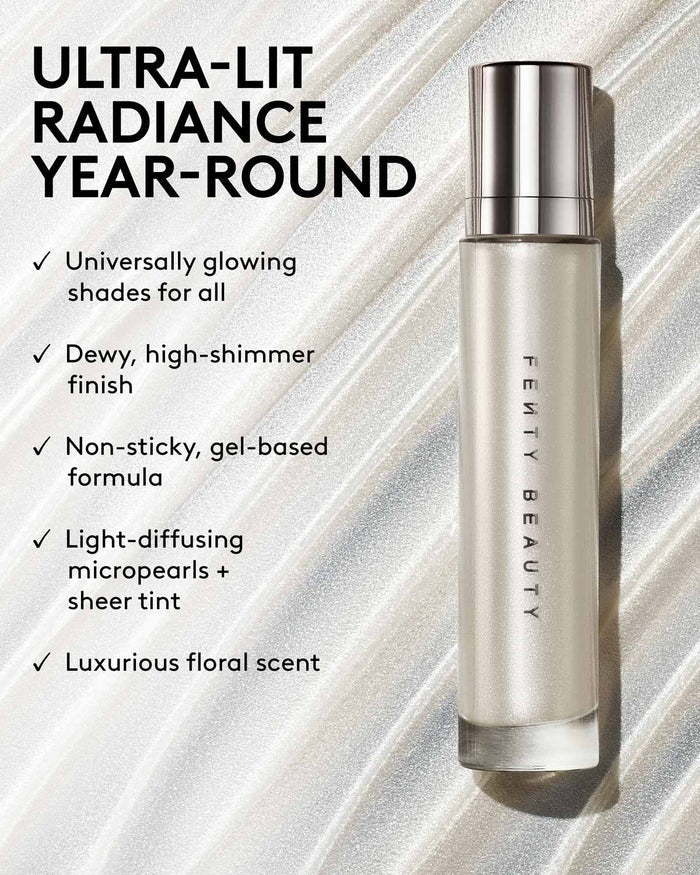 Fenty Beauty Body Lava with features listed on a textured background