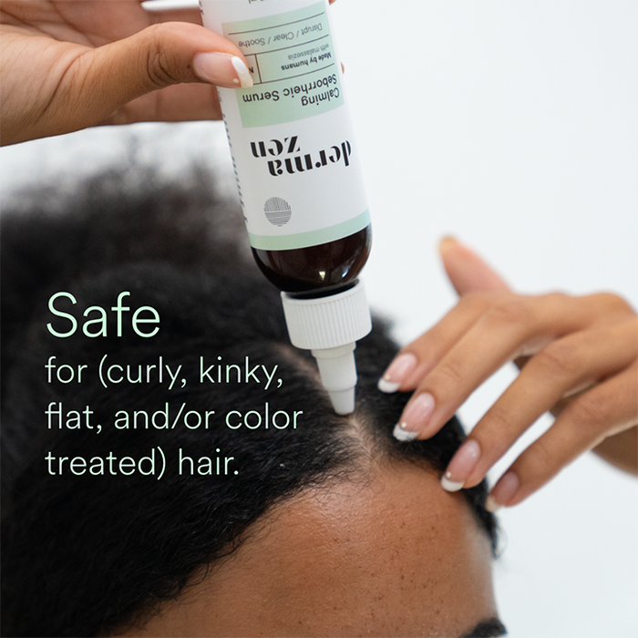 Woman applying Dermazen Calming Seborrheic Serum to her scalp, with text “Safe for (curly, kinky, flat, and/or color treated) hair.”