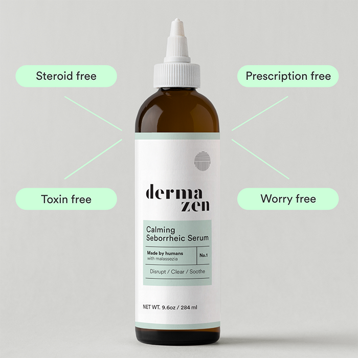Dermazen Calming Seborrheic Serum bottle with text: Steroid free, Toxin free, Prescription free, Worry free.