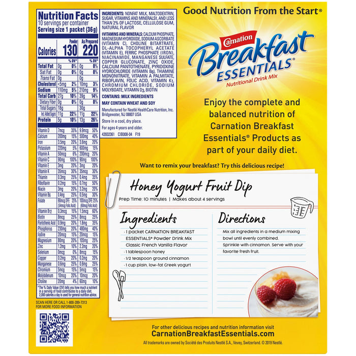 Carnation Breakfast Essentials Powder Drink Mix, French Vanilla - 10050000530622-Box - LL Medico
