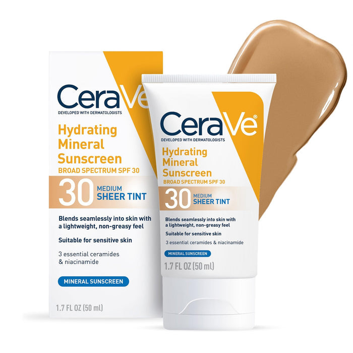 CeraVe Hydrating Mineral Sunscreen Medium Sheer Tint SPF 30 Lotion, Unscented, 1.7 fl oz
