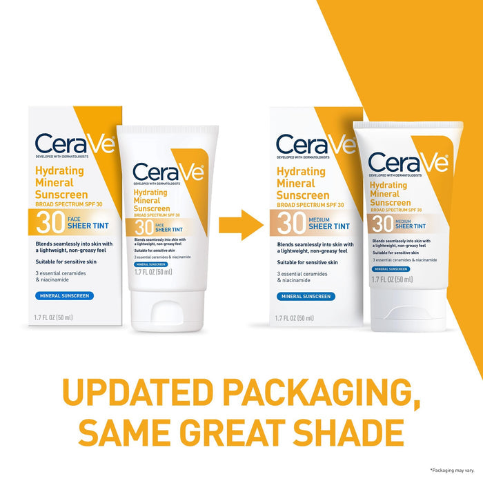 CeraVe Hydrating Mineral Sunscreen Medium Sheer Tint SPF 30 Lotion, Unscented, 1.7 fl oz