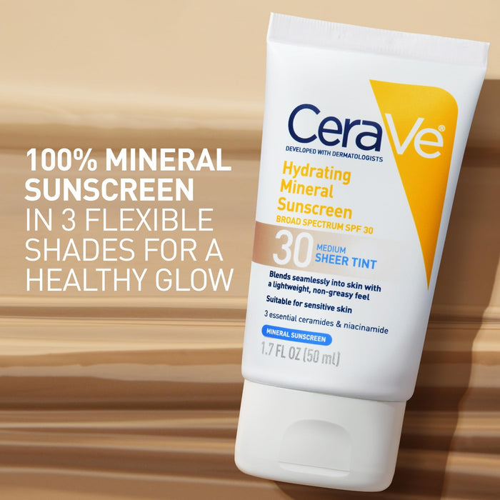 CeraVe Hydrating Mineral Sunscreen Medium Sheer Tint SPF 30 Lotion, Unscented, 1.7 fl oz