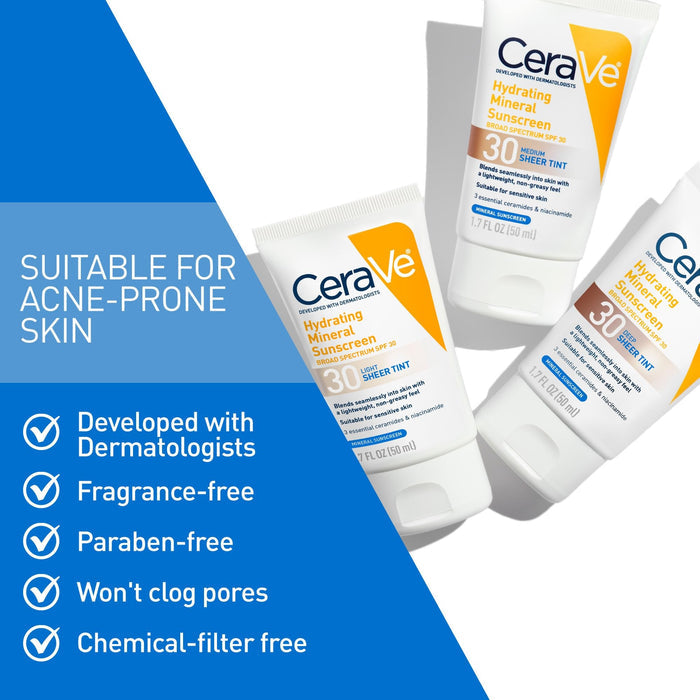CeraVe Hydrating Mineral Sunscreen Medium Sheer Tint SPF 30 Lotion, Unscented, 1.7 fl oz