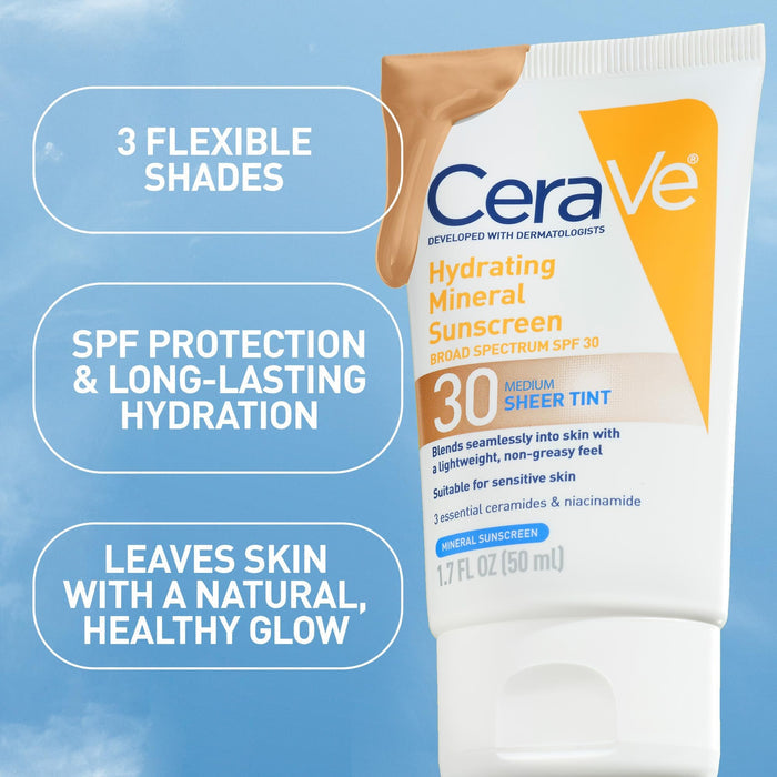CeraVe Hydrating Mineral Sunscreen Medium Sheer Tint SPF 30 Lotion, Unscented, 1.7 fl oz