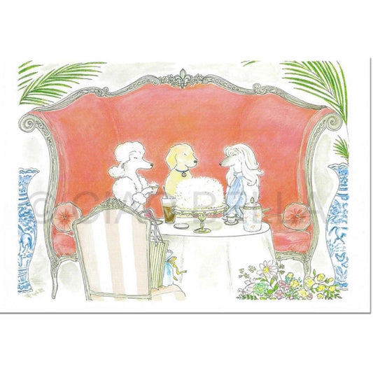 The CIAO BELLA - CAFE VENDOME CARD by CIAO BELLA features three stylish poodles enjoying drinks and cake on a vintage pink sofa amid plants and flowers, with one holding a blank note card in this whimsical scene.