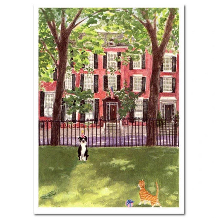A charming watercolor depicts a red-brick townhouse with large windows and black iron railings. In the garden, a dog and striped cat sit near a purple gift box and a blank MR BOSTON CARD by CIAO BELLA.