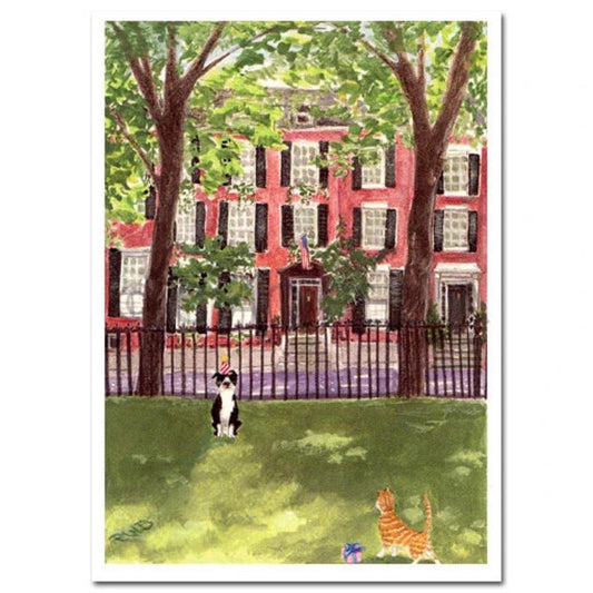 A charming watercolor depicts a red-brick townhouse with large windows and black iron railings. In the garden, a dog and striped cat sit near a purple gift box and a blank MR BOSTON CARD by CIAO BELLA.