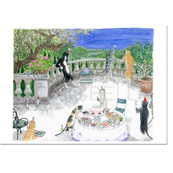 CIAO BELLA's PARTY AT MIRAMAR CARD features cats celebrating a birthday, gathered around a blank note card and festive envelope—perfect for sharing cheerful wishes.