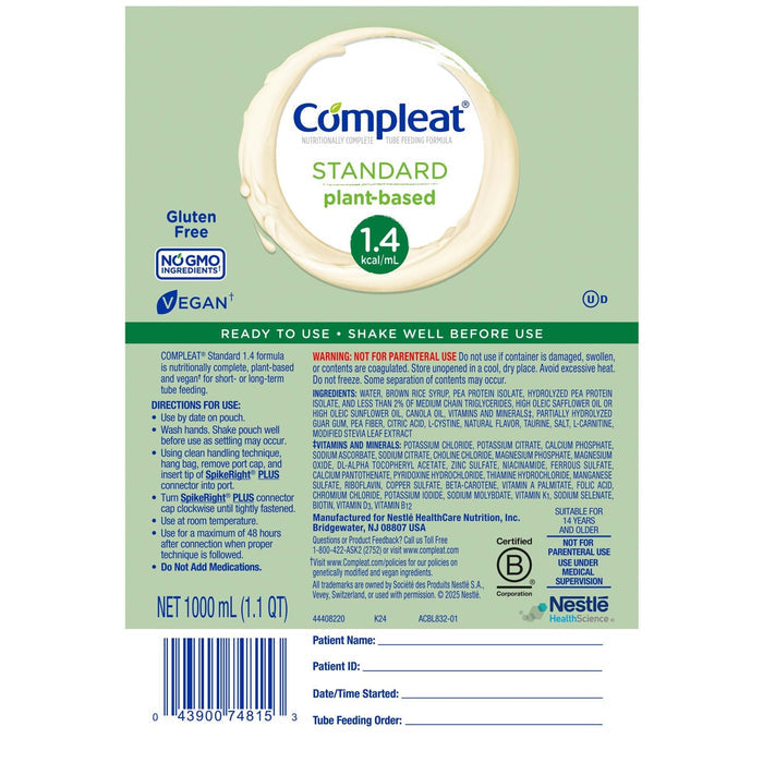 Compleat Standard 1.4 Cal Tube Feeding Formula, Vanilla, 1000 mL - 00043900349275-Single - LL Medico