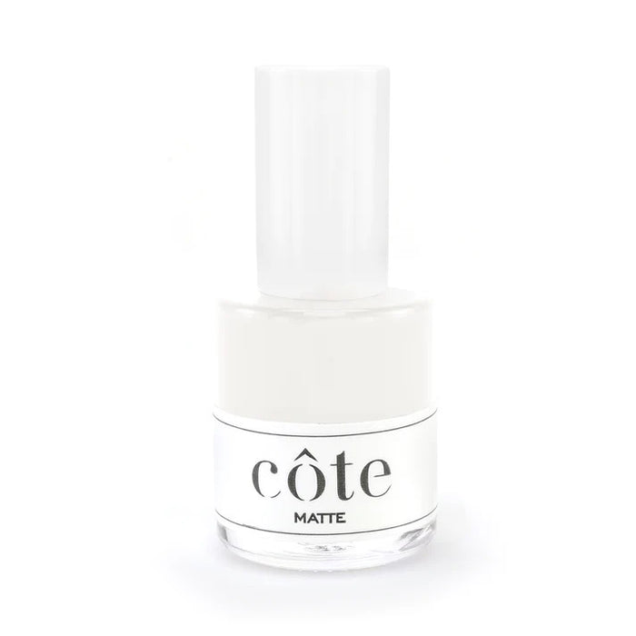 The COTE - MATTE TOP COAT TREATMENT comes in a clear glass bottle with a white cap and label, featuring the brand name “COTE” and “MATTE Top Coat Treatment” in bold black text for a flawless matte finish.